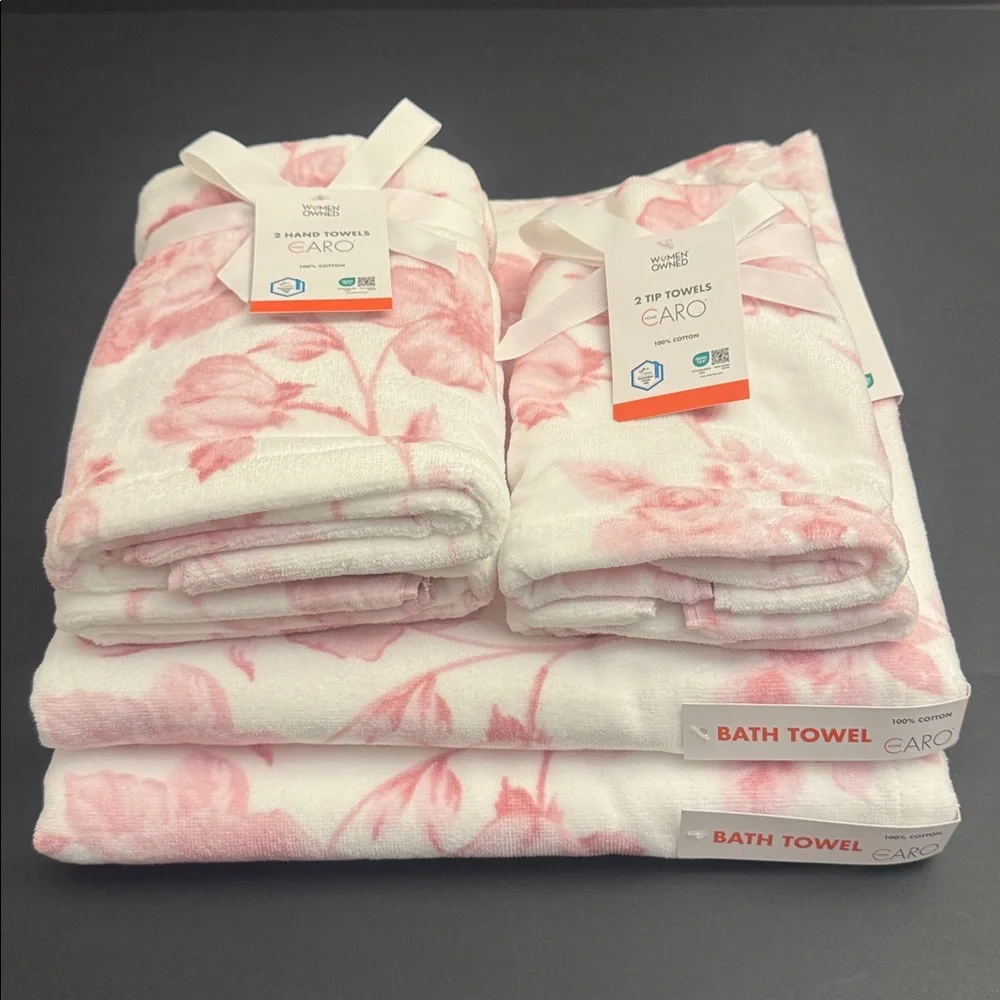 6pc CARO HOME 100% Cotton Pink Floral Bath Towel Set - Pink/White